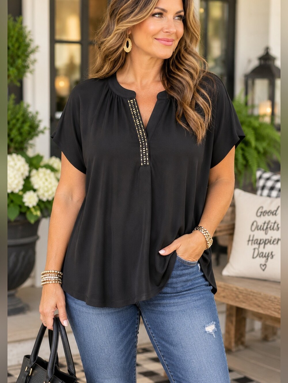 Jones New York Signature 1X Black Gold Embellished Tunic Blouse, NWT